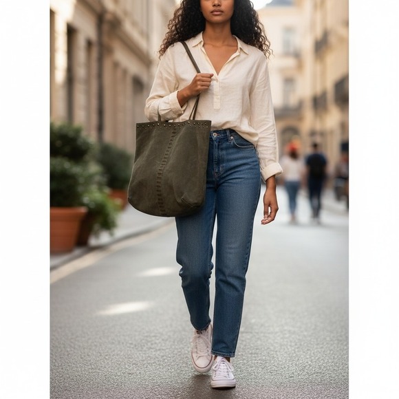 Chi By Falchi Handbags - CHI Suede Tote Bag Large Olive Green Studded Boho Slouchy Shoulder Bag Handbag